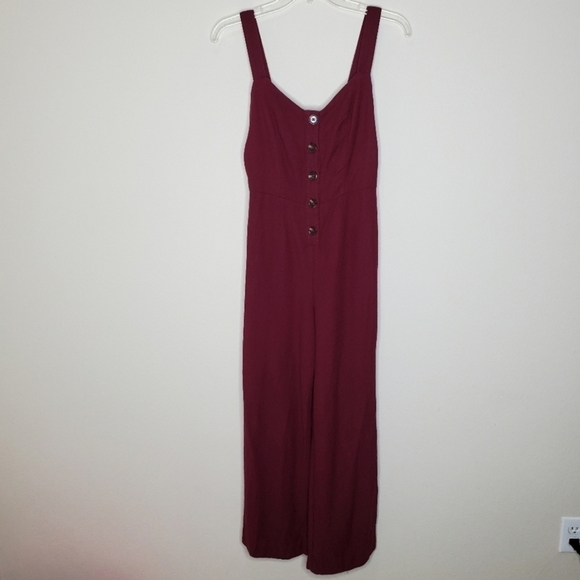 Wild Fable Maroon Berry Button Front Tie Back Flare Wide Leg Jumpsuit - Picture 4 of 10